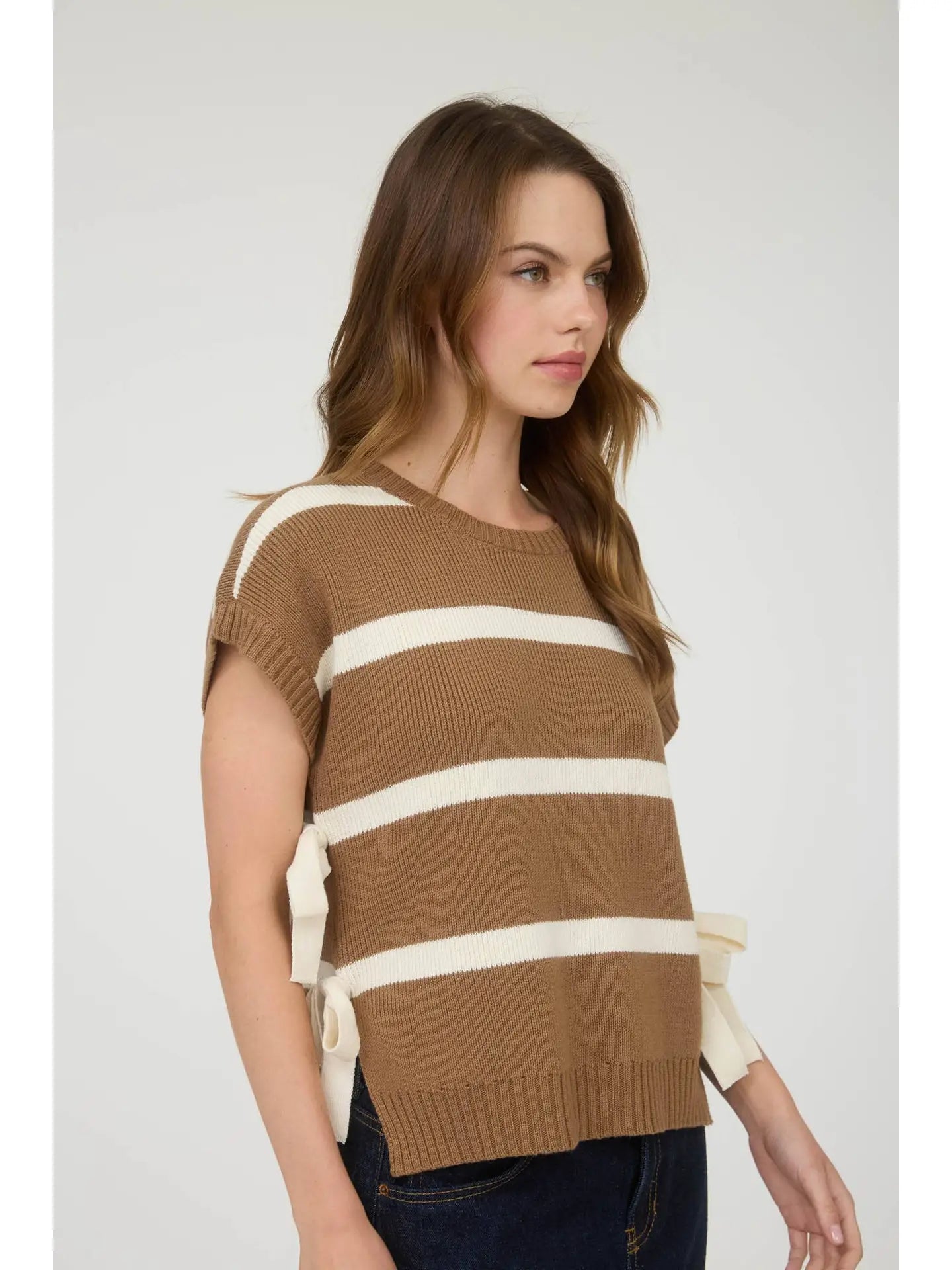 Side Tie Short Sleeve Stripe Sweater