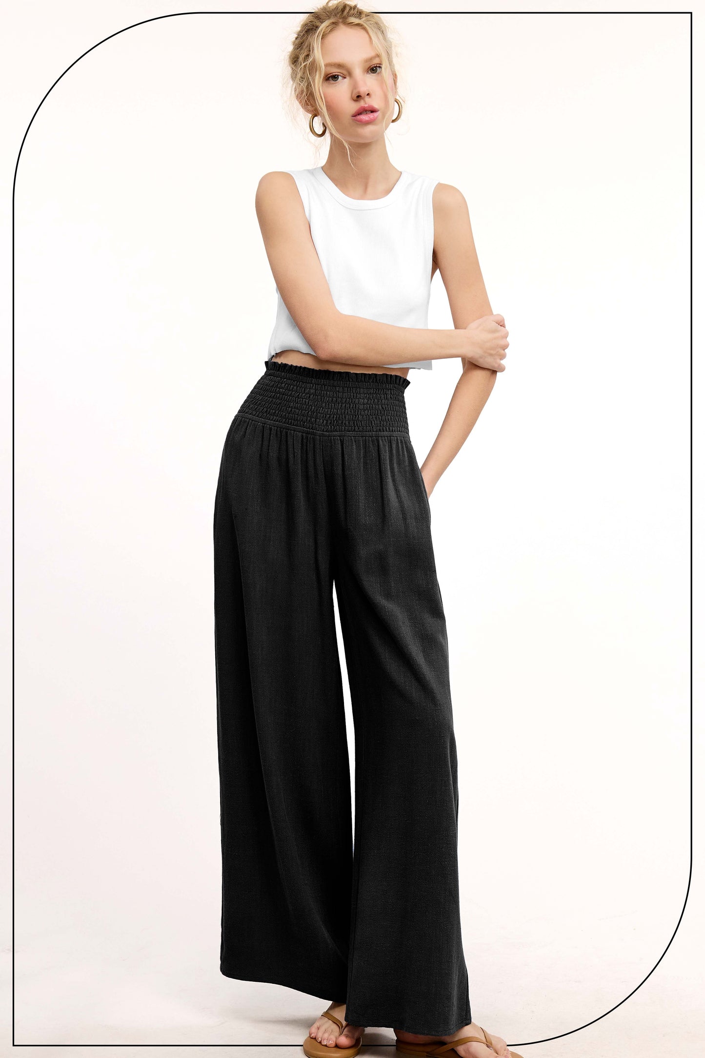 Smocked Waist Side Pocket Pants-Black
