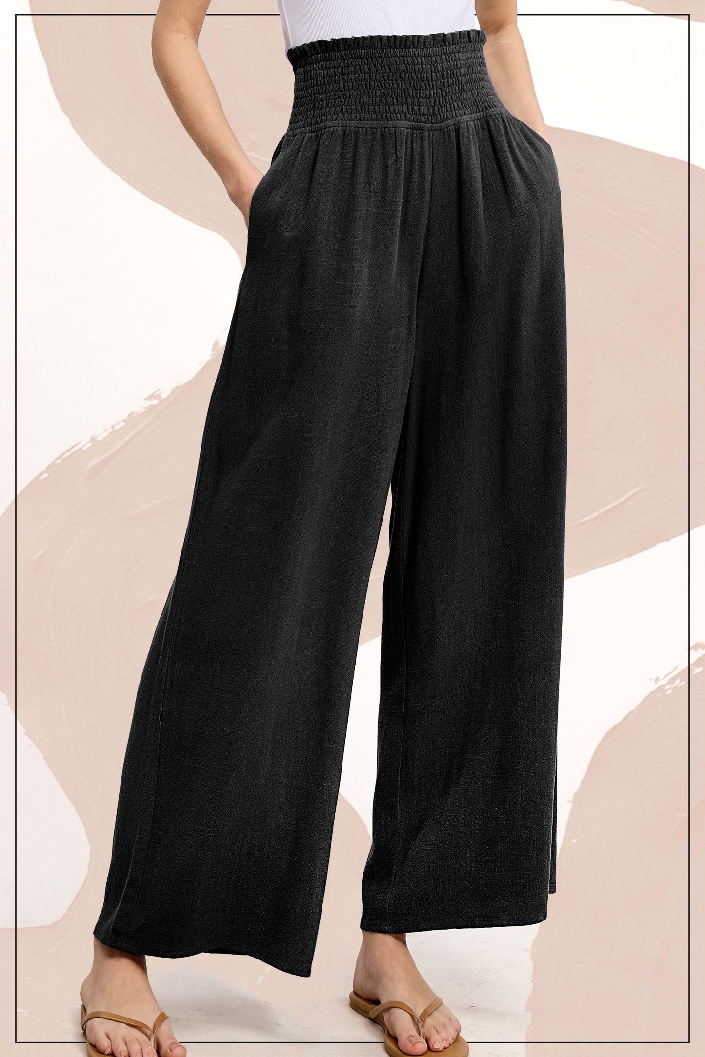 Smocked Waist Side Pocket Pants-Black