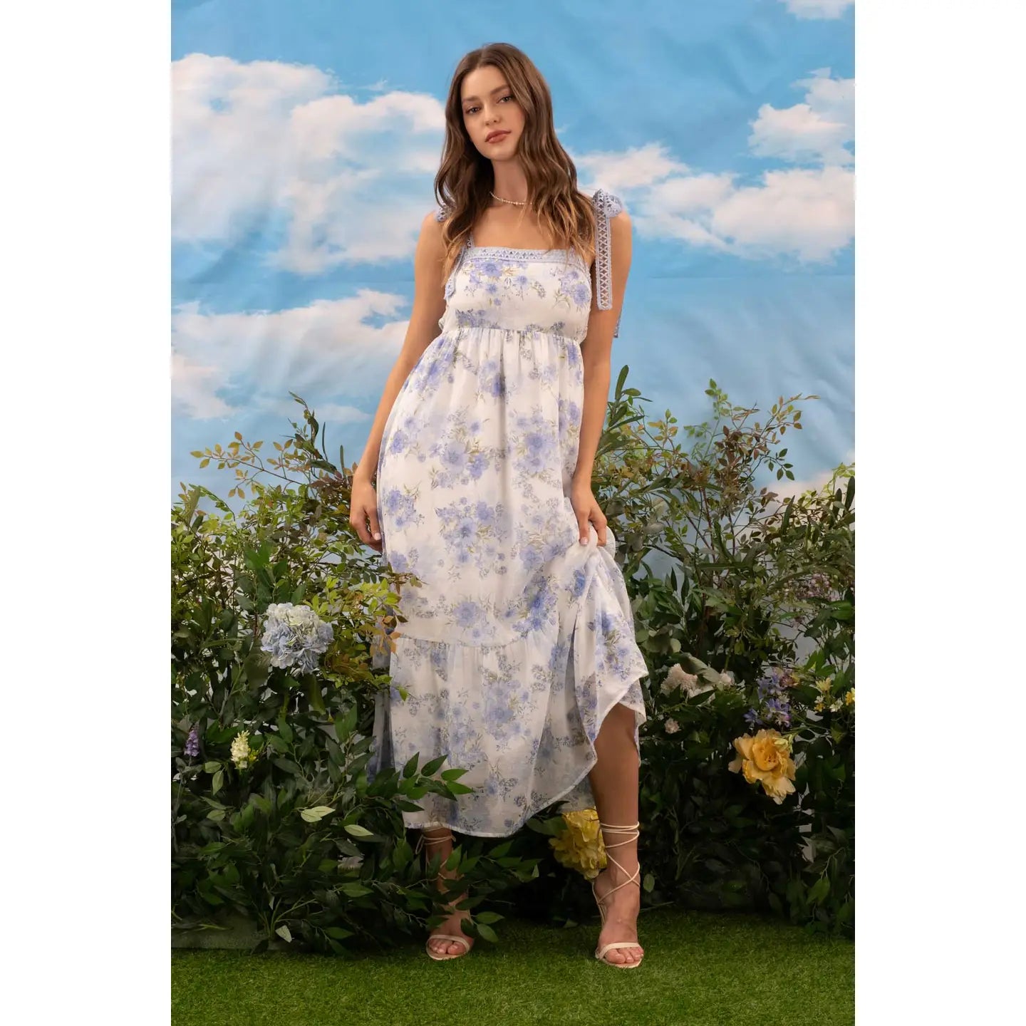 Blue Floral Lace Strap Maxi Dress