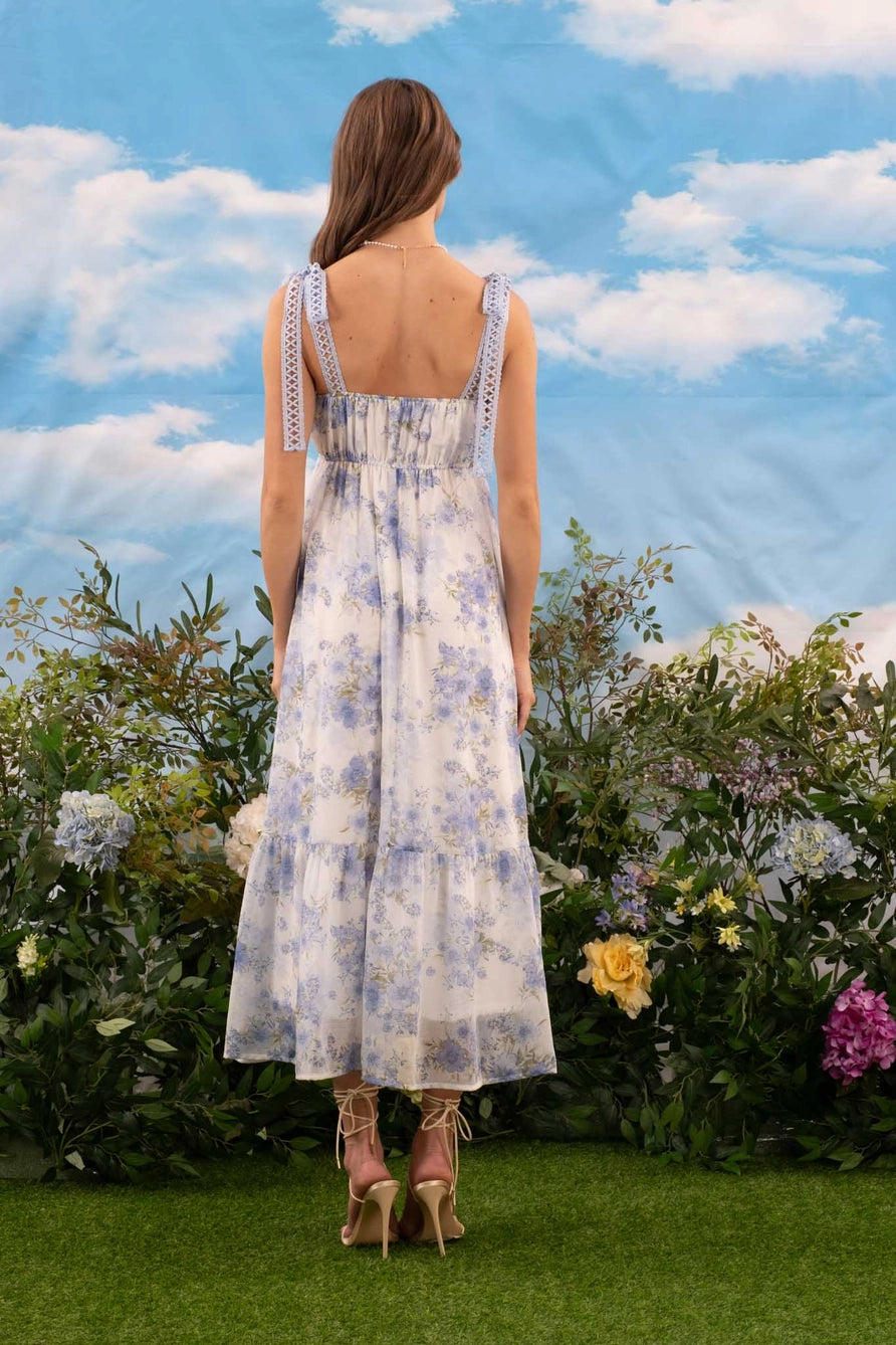 Blue Floral Lace Strap Maxi Dress