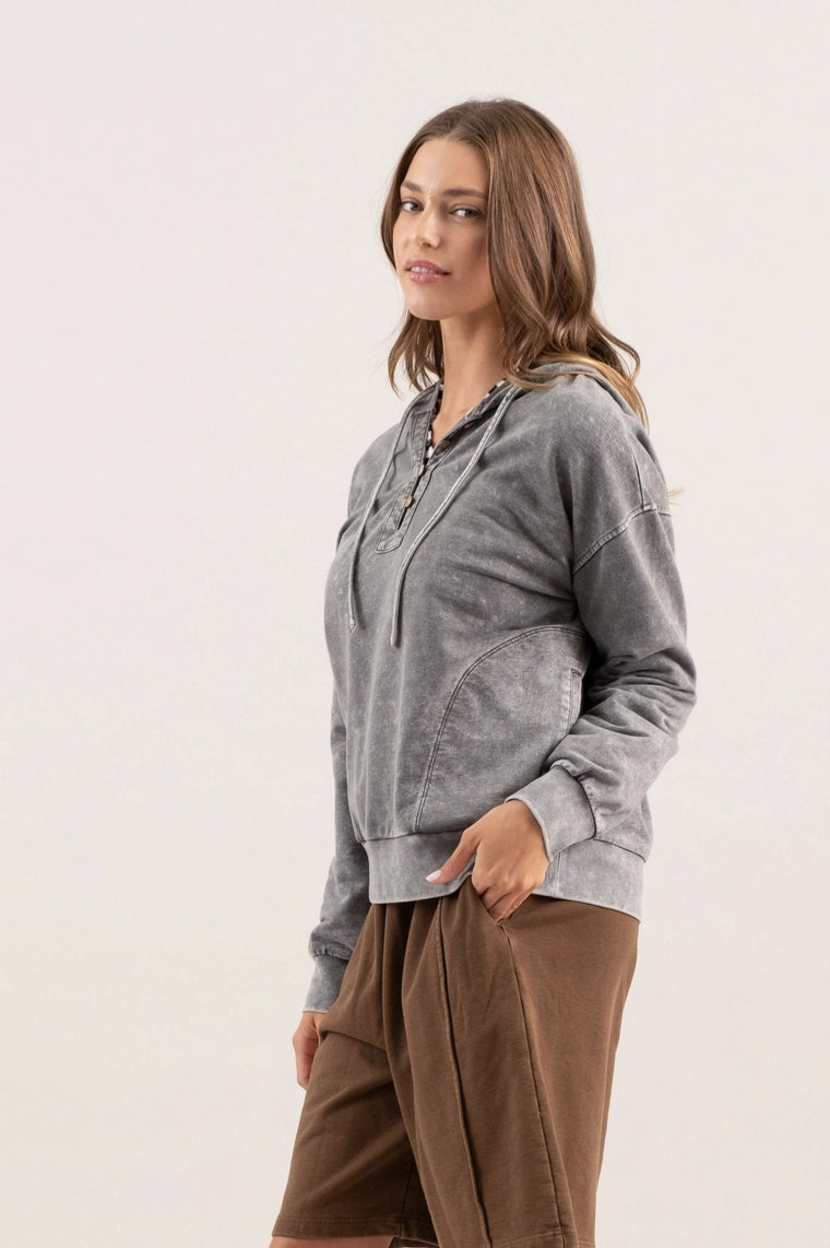 Hooded Henley Top-Black