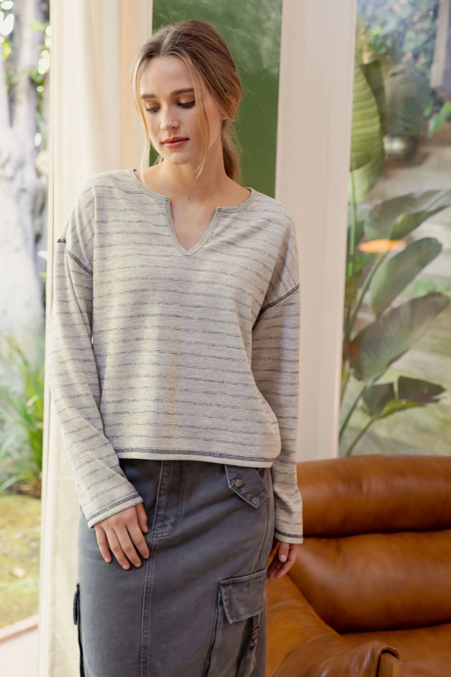 Split Neck Stripe Long Sleeve Top-Mocha