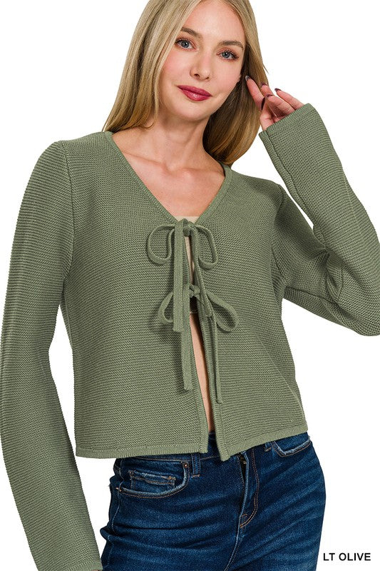 Tie Front Sweater Cardigan-Olive