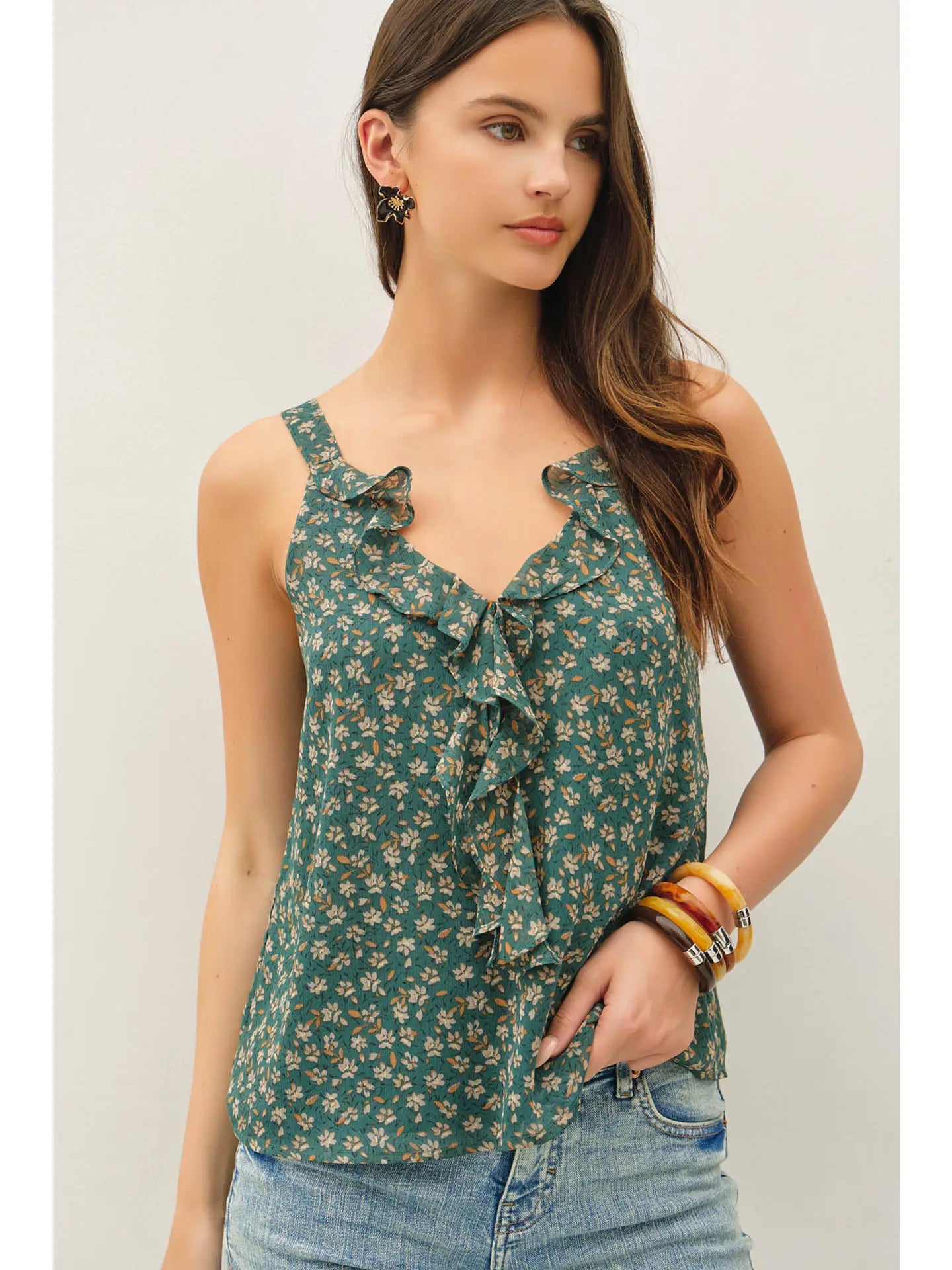 Floral Print Chiffon Ruffle Tank Top