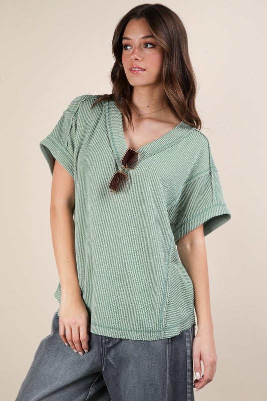 Two Tone Ribbed Top-Sage