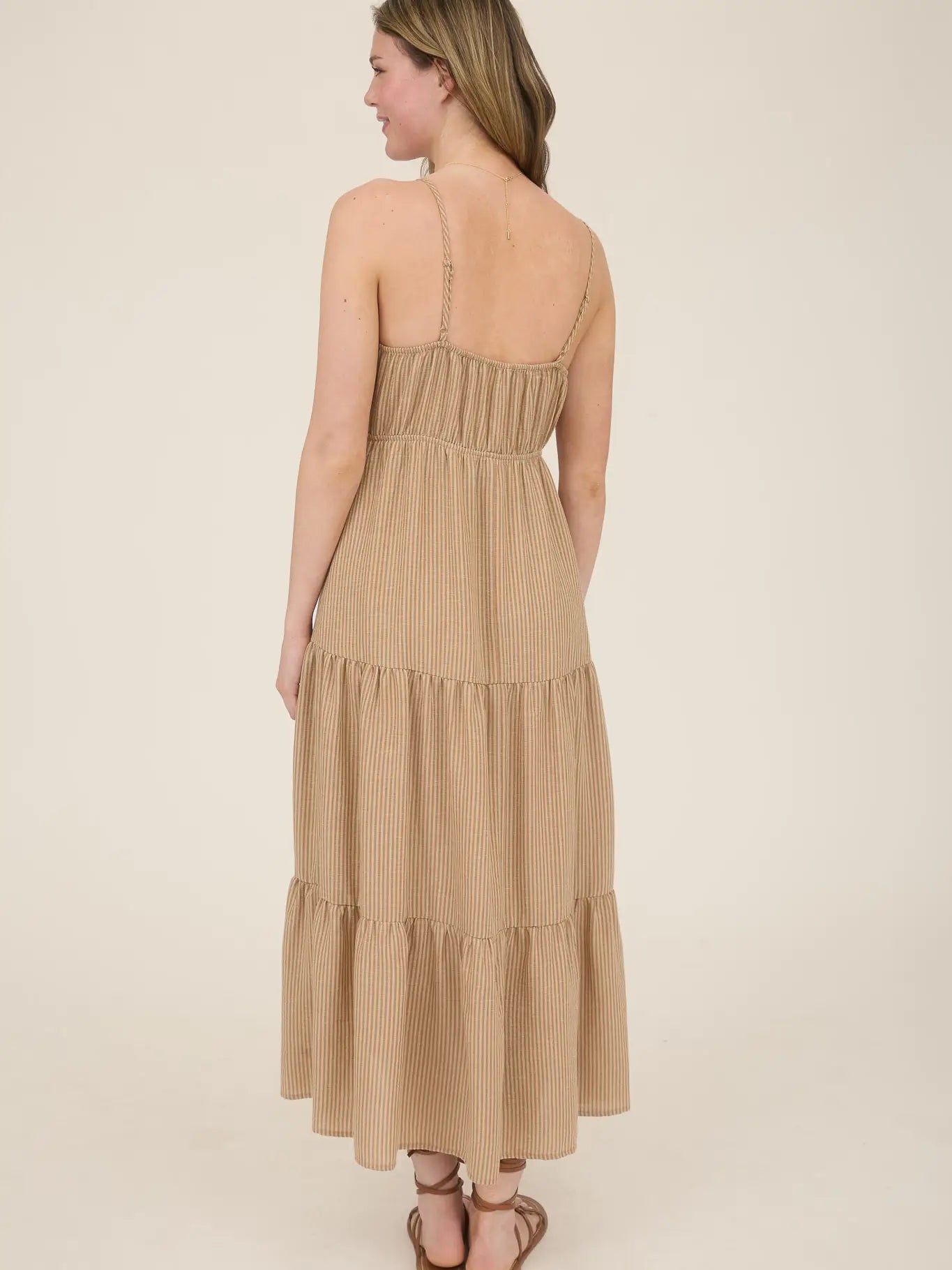 Khaki Stripe Cutout Tiered Midi Dress