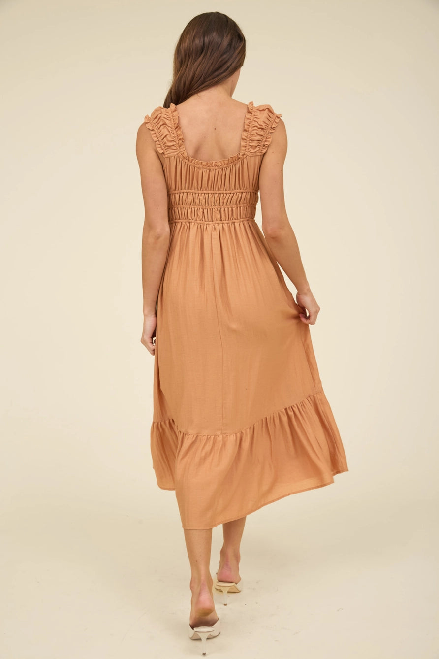 Shirred Waist Short Sleeve Midi Dress