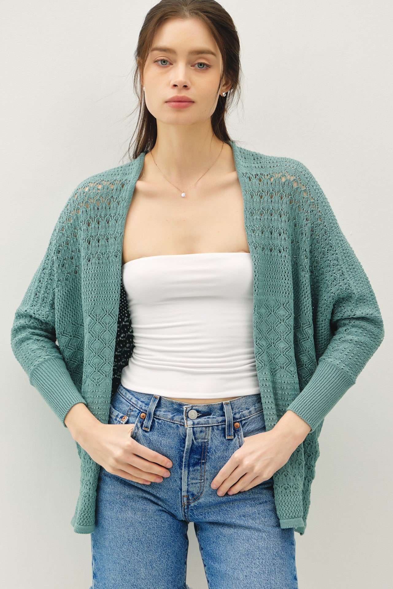 Crochet Knit Open Cardigan-Jade