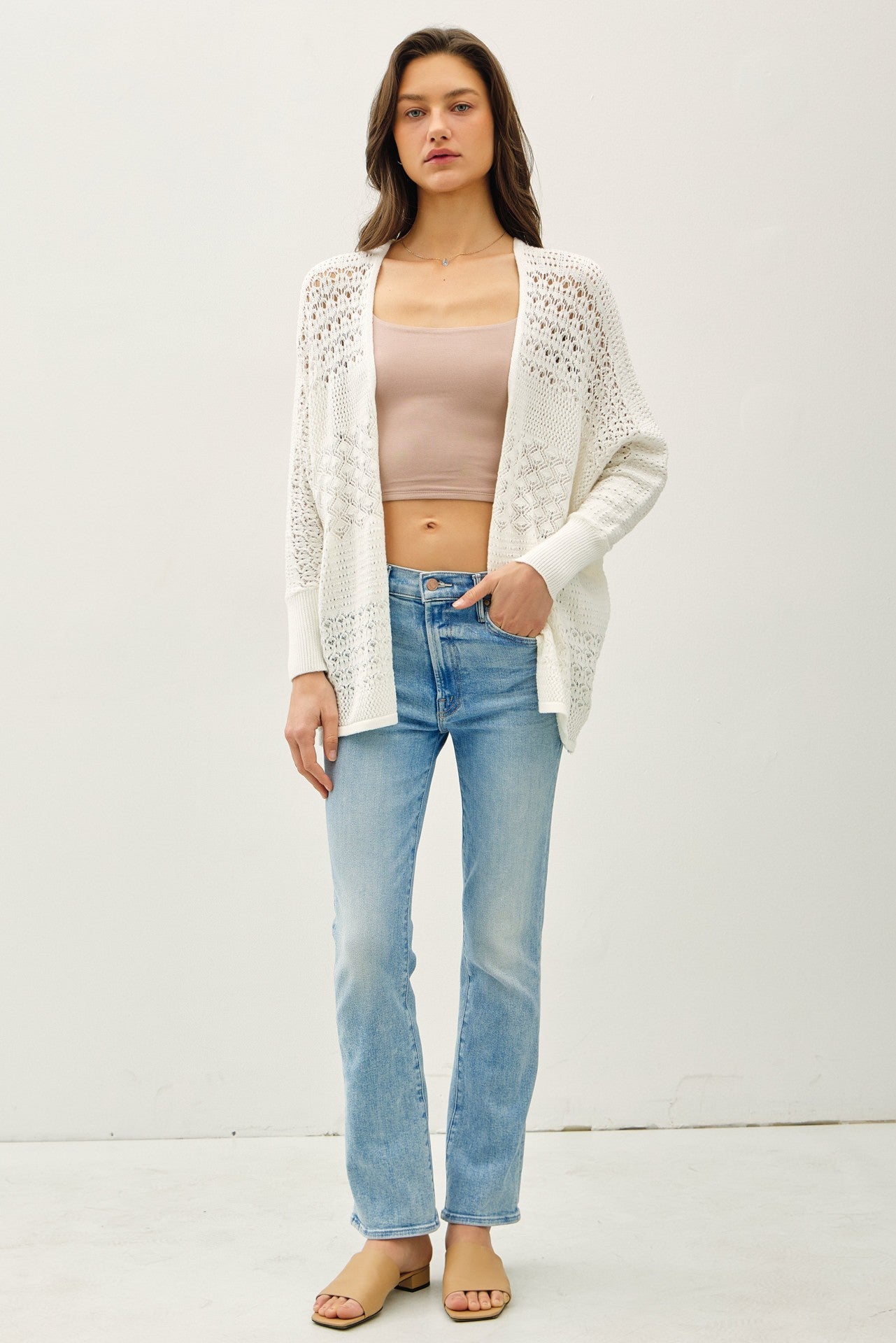 Crochet Knit Open Cardigan-White