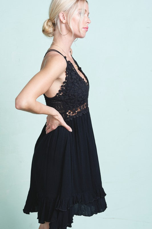 Flower Crochet Black Dress