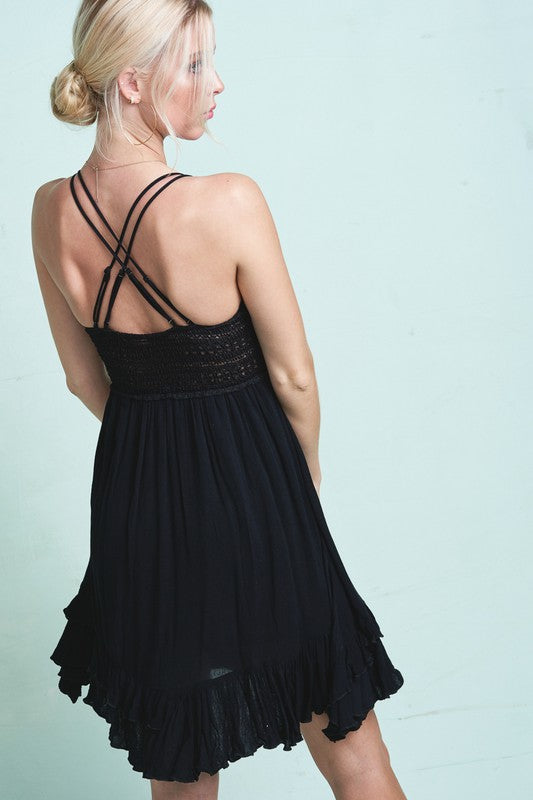 Flower Crochet Black Dress