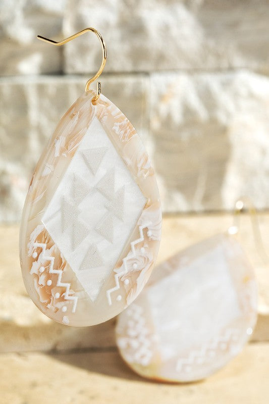 Aztec Print Teardrop Earrings-Natural