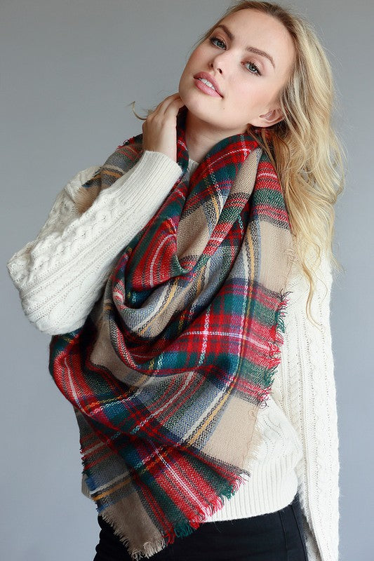 Plaid Blanket Scarf-Beige
