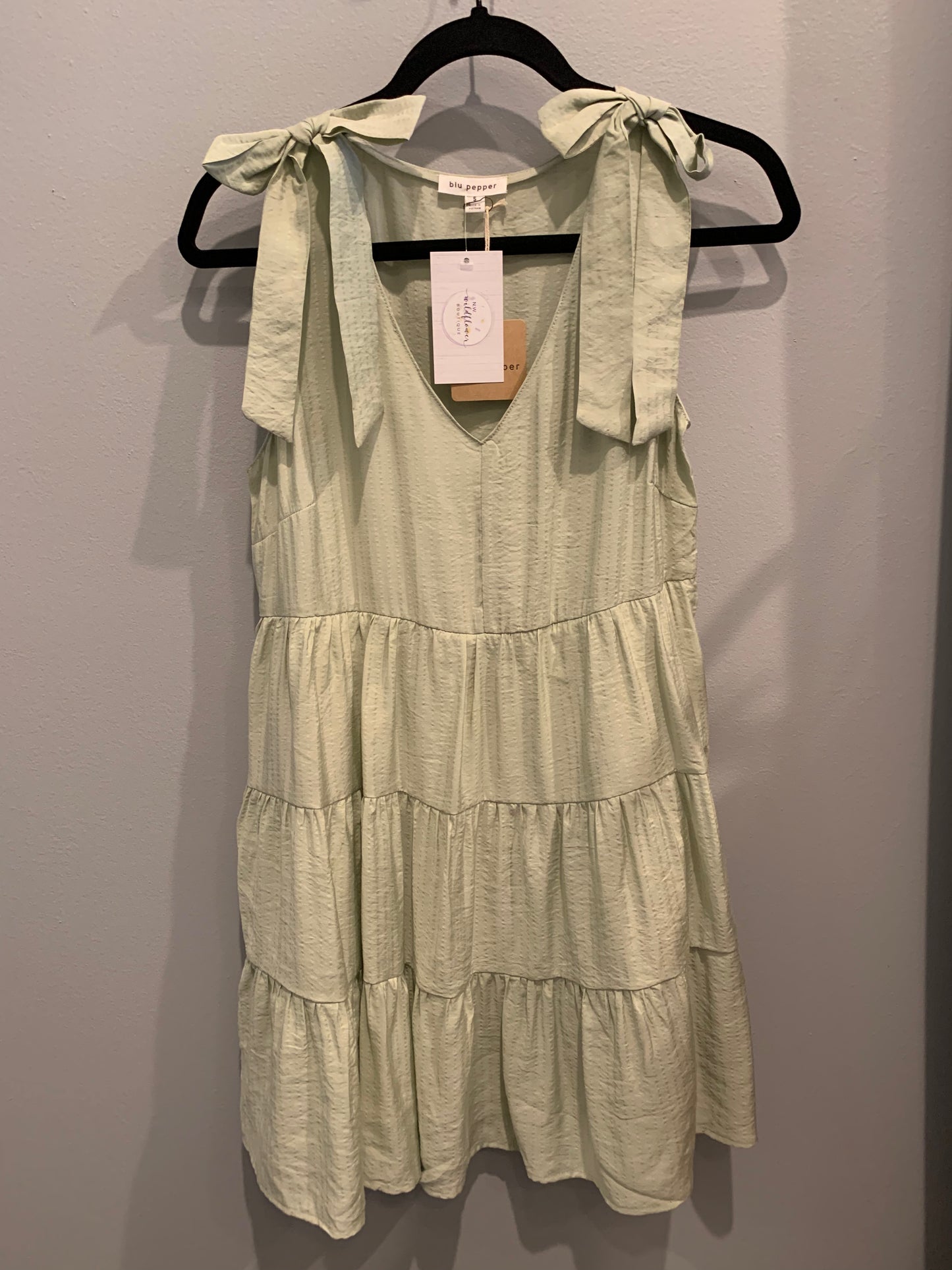 Shoulder Tie Tiered Sage Dress