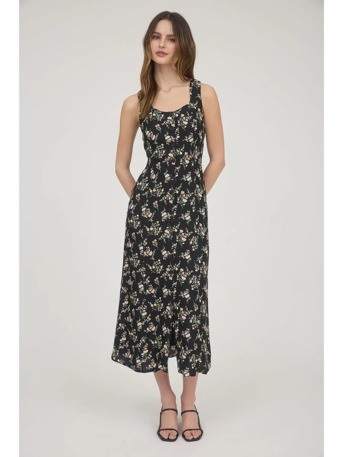 Floral Sleeveless Button Down Midi Dress