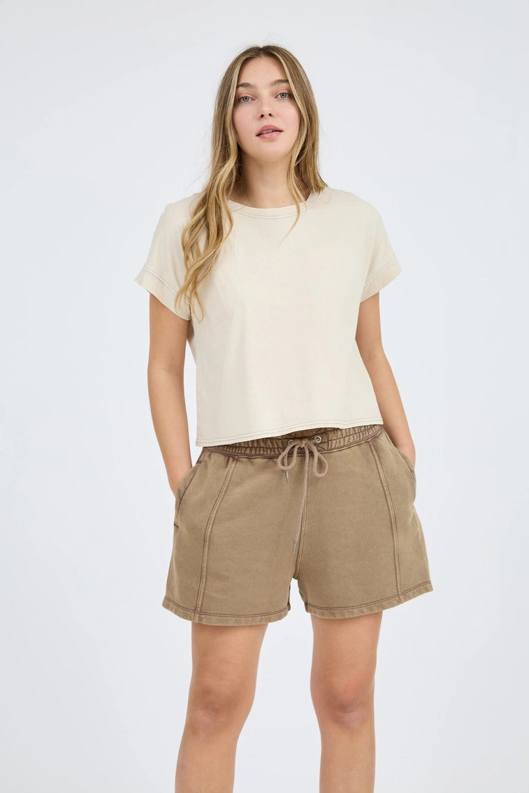 Back Seam Short Sleeve Top- Khaki