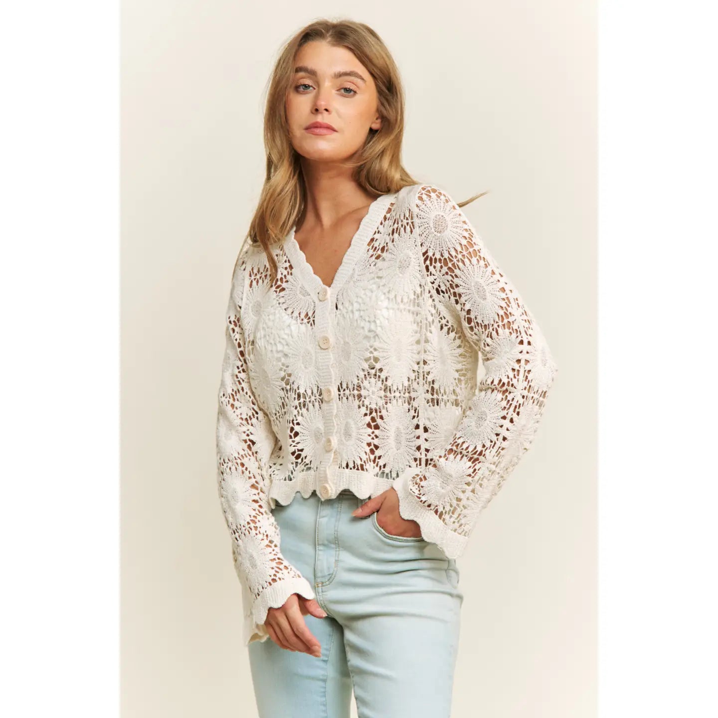 Scallop Lace Floral Button Down Top