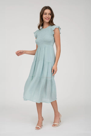 Smocked Tiered Midi Dress-Mint