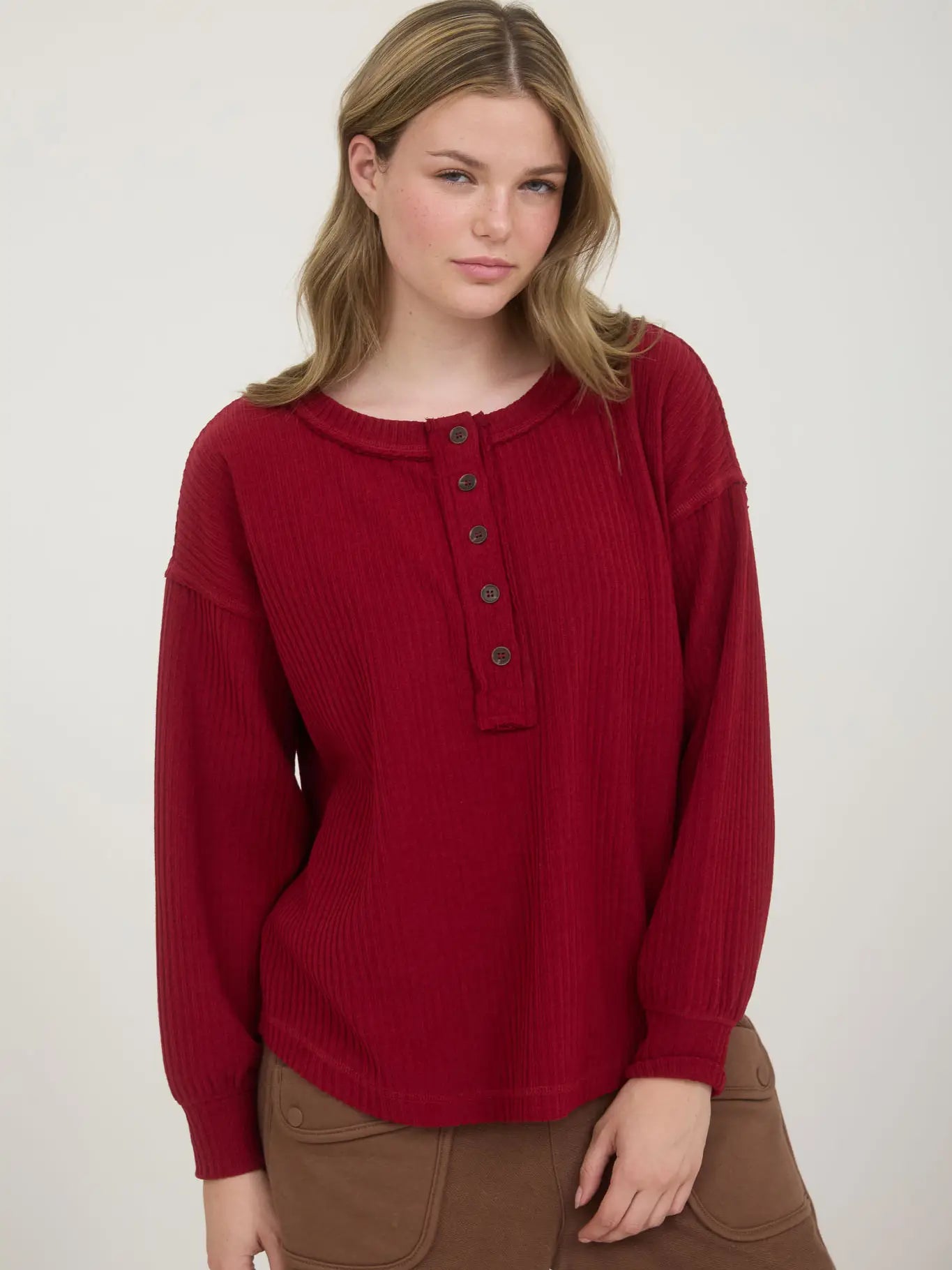 Ribbed Henley Button Top