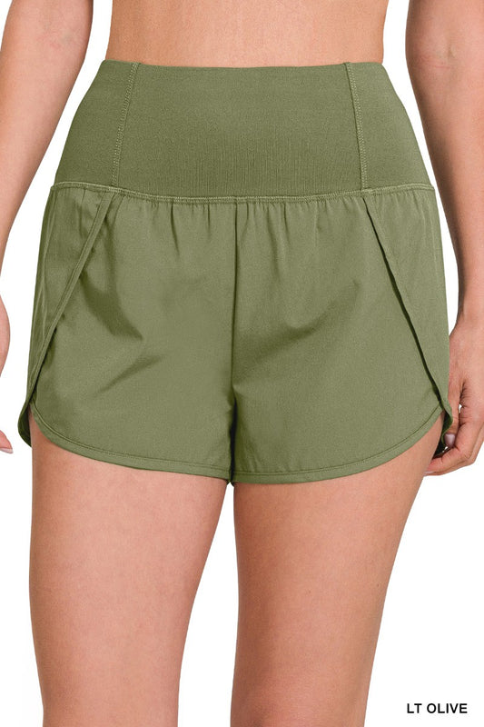 Olive Zipper Back Running Shorts