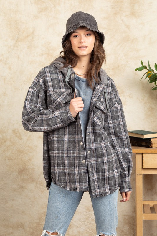 Hooded Plaid Jacket-Charcoal