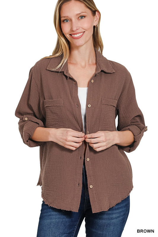Brown Button Up Gauze Top