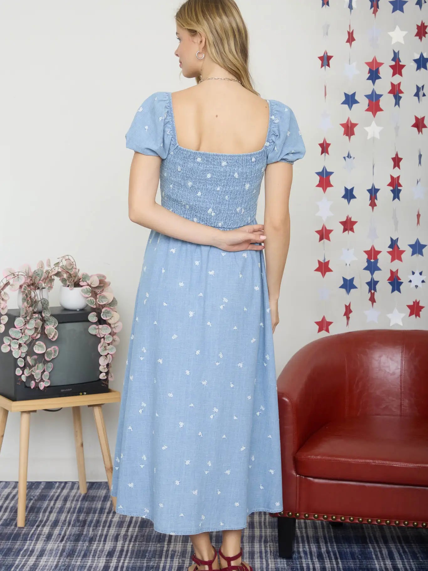 Floral Embroidery Smocked Midi Dress