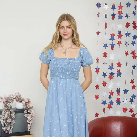 Floral Embroidery Smocked Midi Dress