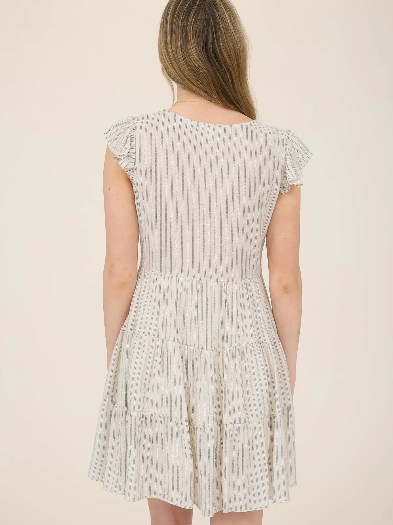 Khaki Stripe V Neck Tiered Mini Dress