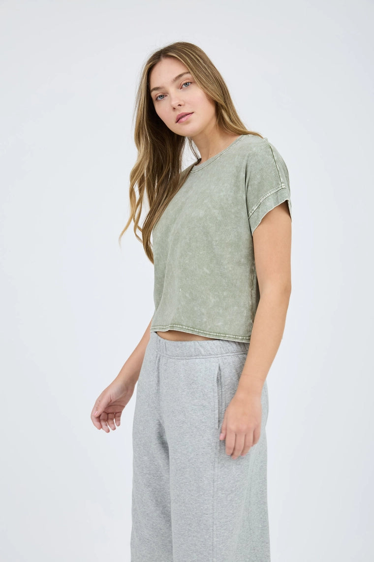 Back Seam Short Sleeve Top-Olive