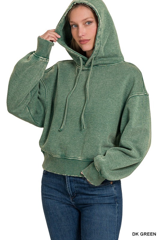 Fleece Hoodie Acid Wash-Dark Green