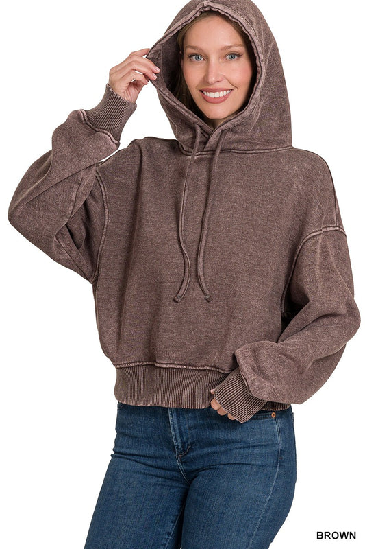 Fleece Hoodie Acid Wash-Brown