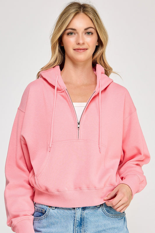 Half Zip Hoodie-Flamingo Pink