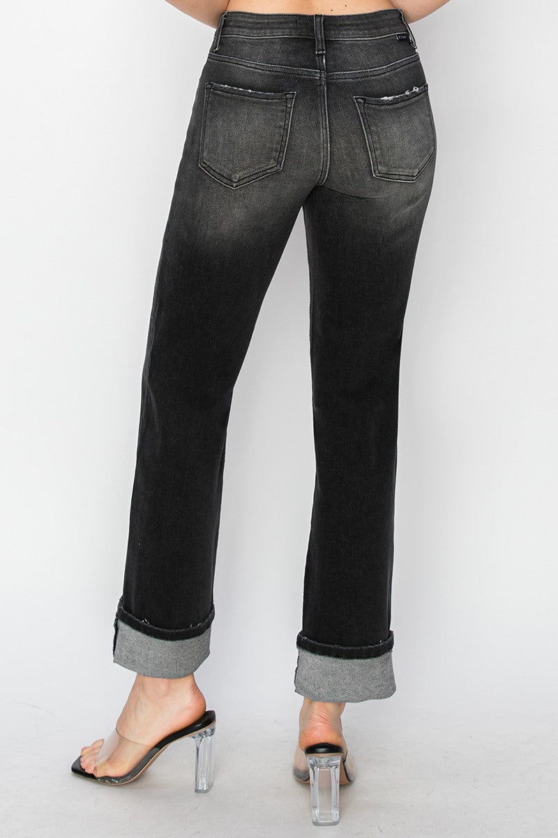 High Rise Black Straight Risen Denim