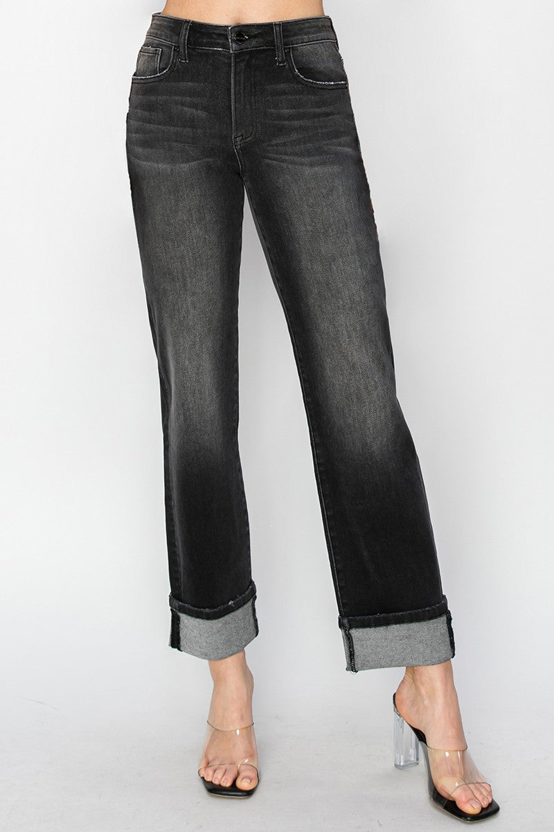 High Rise Black Straight Risen Denim