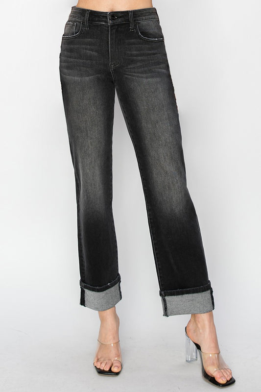 High Rise Black Straight Risen Denim