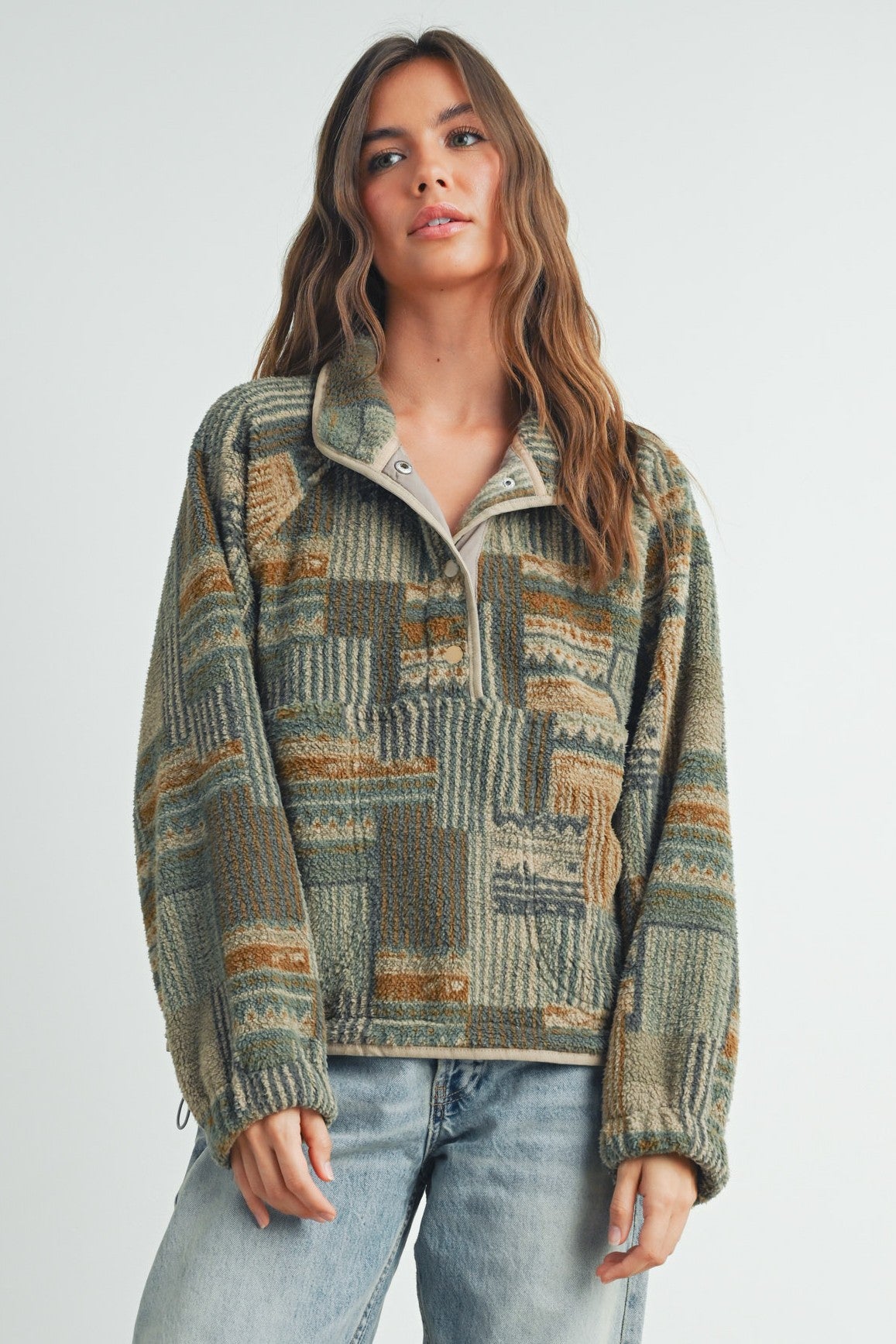 Patchwork Print Fleece Pullover