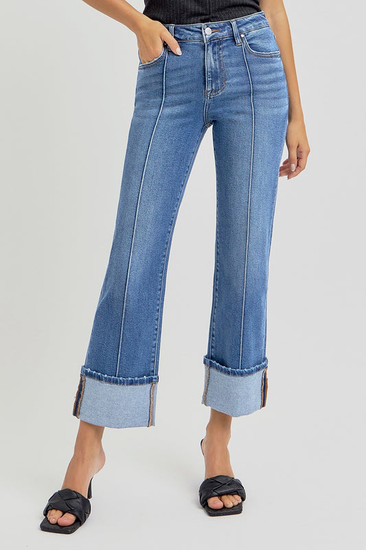 Ankle Medium Wash Cuffed Risen Denim