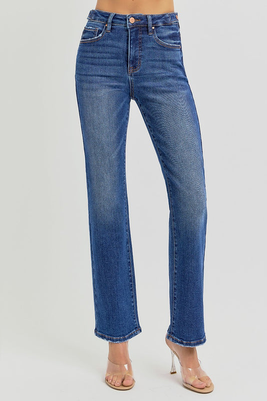 High Rise Dark Ankle Straight Risen Denim