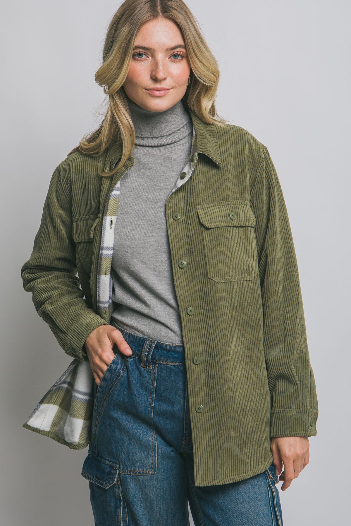 Corduroy Plaid Reversible Button Down Jacket