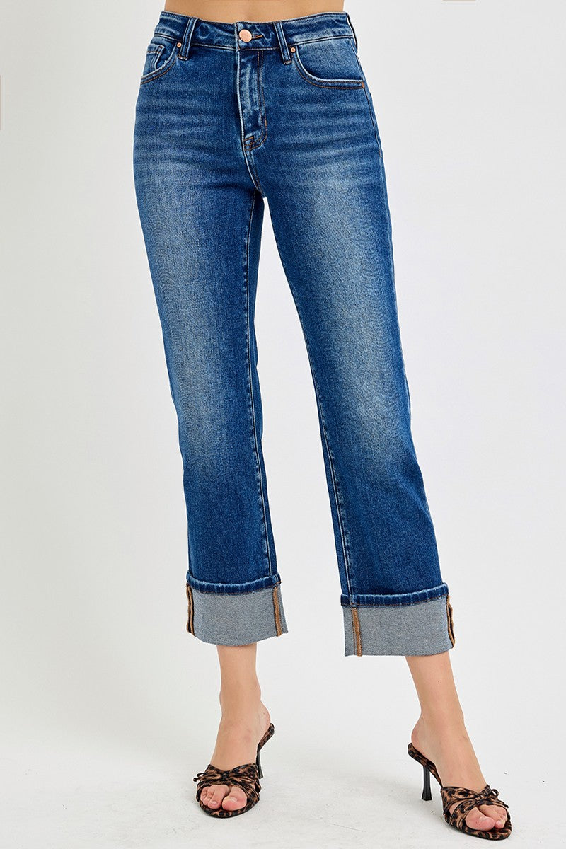 Dark Wash Ankle Straight Cuffed Risen Jeans