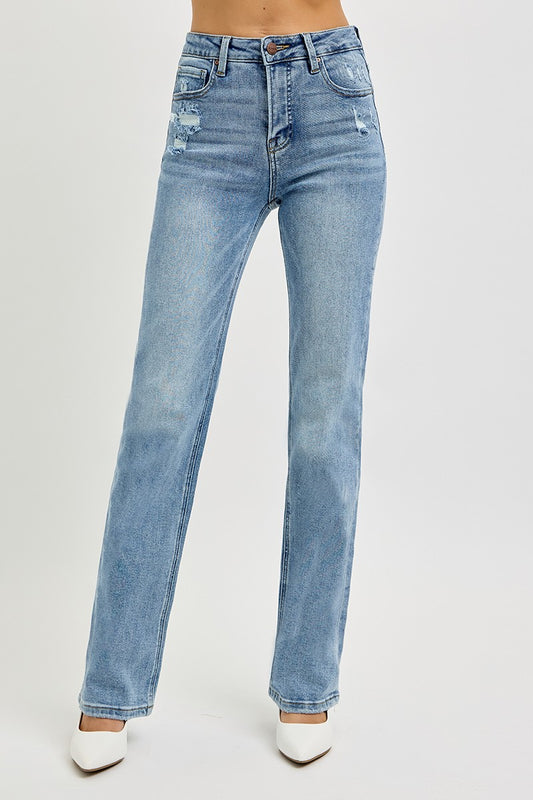 High Rise Straight Distessed Risen Jeans