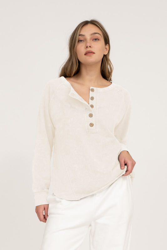Washed Henley Long Sleeve Top