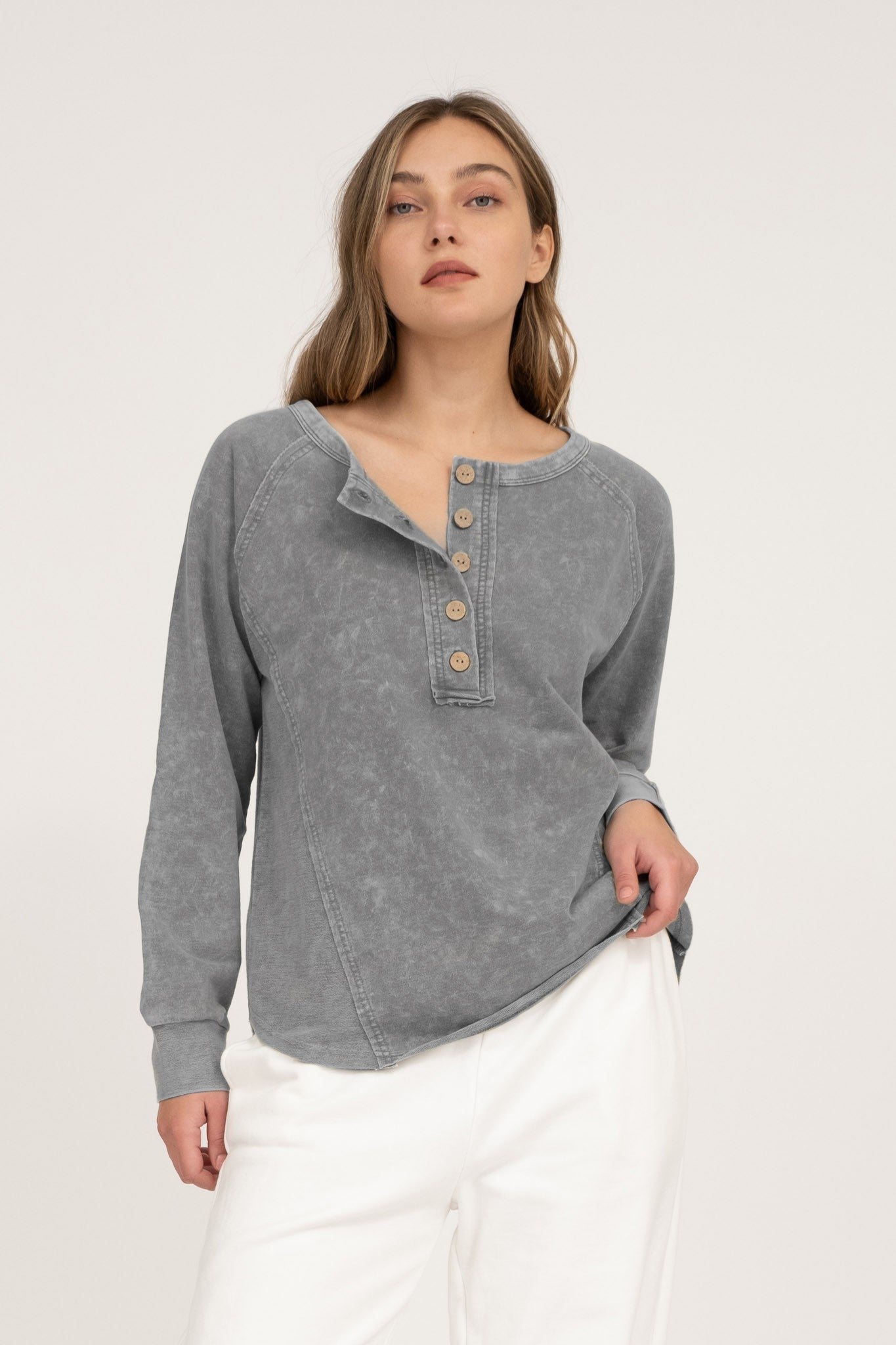 Washed Henley Long Sleeve Top