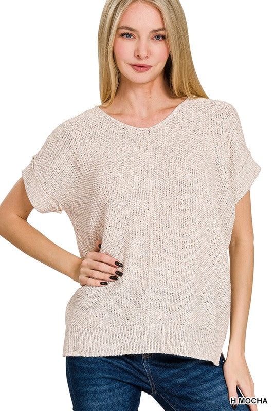 Center Seam Short Sleeve Sweater-Heather Mocha