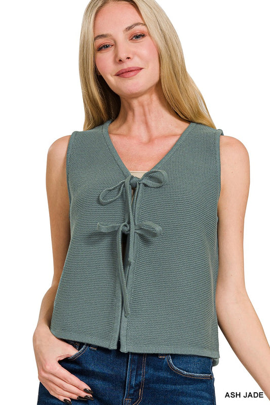 Tie Front Sweater Vest-Sage