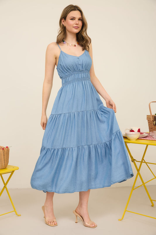 Chambray Tiered Midi Dress