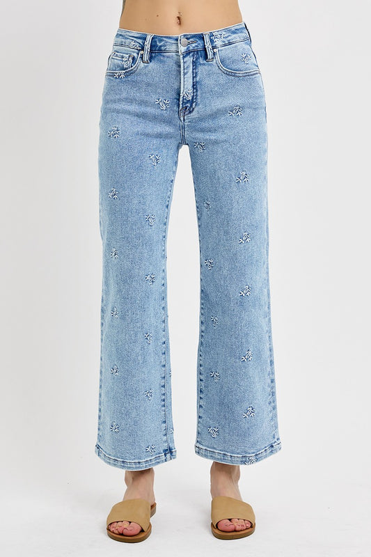 High Rise Embroidered Risen Denim