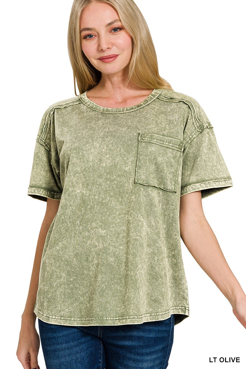 Acid Wash Pocket Tee-Olive